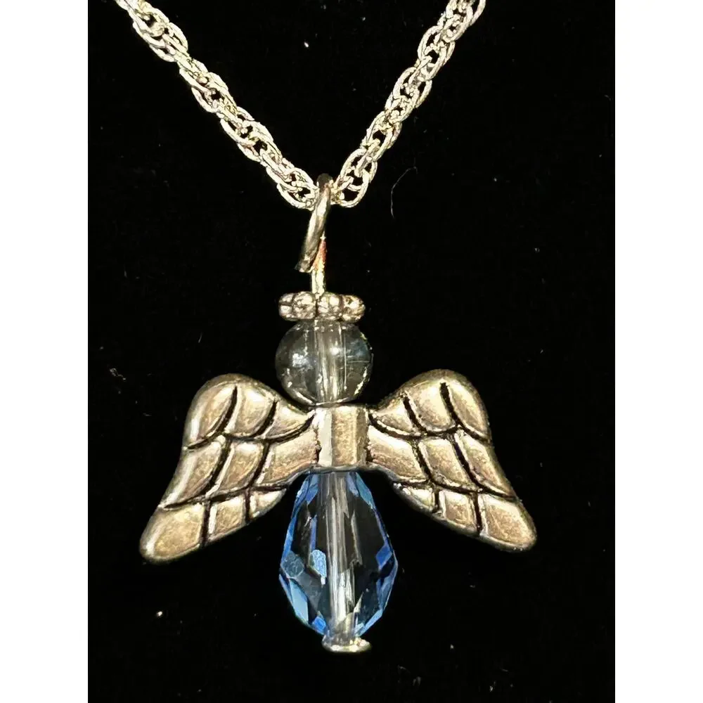 Silver Tone Beaded Angel Pendant Necklace 18